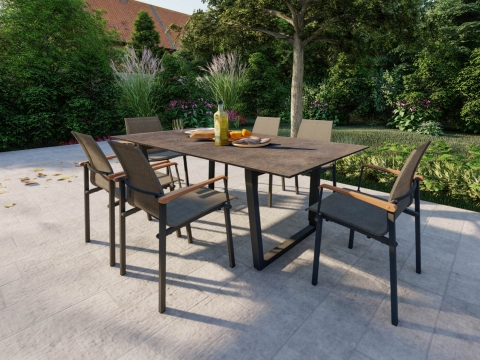 Zebra Unyx HPL volcanic stone Tisch 220x100cm Aluminium-Gestell graphit. Kombinationsbeispiel.