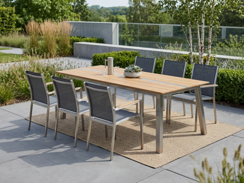 Zebra Linax-One Essgruppe Ausziehtisch 220-280x100cm aus recyceltem Teakholz. Deko und Teppich geh?ren nicht zum Lieferumfang.