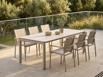 Zebra Vero-Enox Gartenm&ouml;bel-Set light taupe, 6 Sessel und 1 Tisch 240x100x75cm
