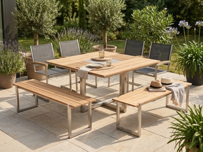 Zebra Set Quadux - Pontiac Gartenm&ouml;belset, 4 Schwingsessel, 2 B&auml;nke und 1 Tisch 140x140cm aus recyceltem Teakholz
