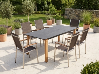 Zebra Lenyx-Pontiac Gartenm&ouml;belset, 6 Stapelsessel und 1 Tisch HPL 220x95cm