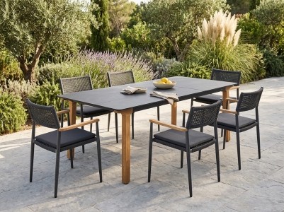 Zebra Lenyx-Ant Gartenm&ouml;belset, 6 Stapelsessel, 6 Sitzkissen, 1 Tisch 220x95cm