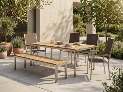 Zebra Naxos-Pontiac Gartenm&ouml;belset recyceltem Teakholz, 4 Sessel, 1 Bank, 1 Tisch 180x100cm