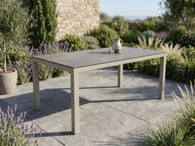 Zebra Tischset Alus 180x100cm, Aluminiumgestell light taupe, Tischplatte HPL volcanic stone