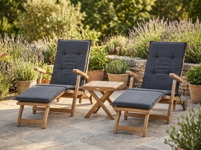 Zebra Bueno-Brasilia Deckchair-Set Teak, 2 Deckchair mit Kissen, 1 Hocker 47x49cm