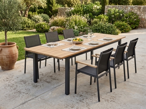 Zebra Hudson & Enox Gartenmöbelset, 6 Stapelsessel und 1 Ausziehtisch 230-315x100cm aus Teakholz gebürstet
